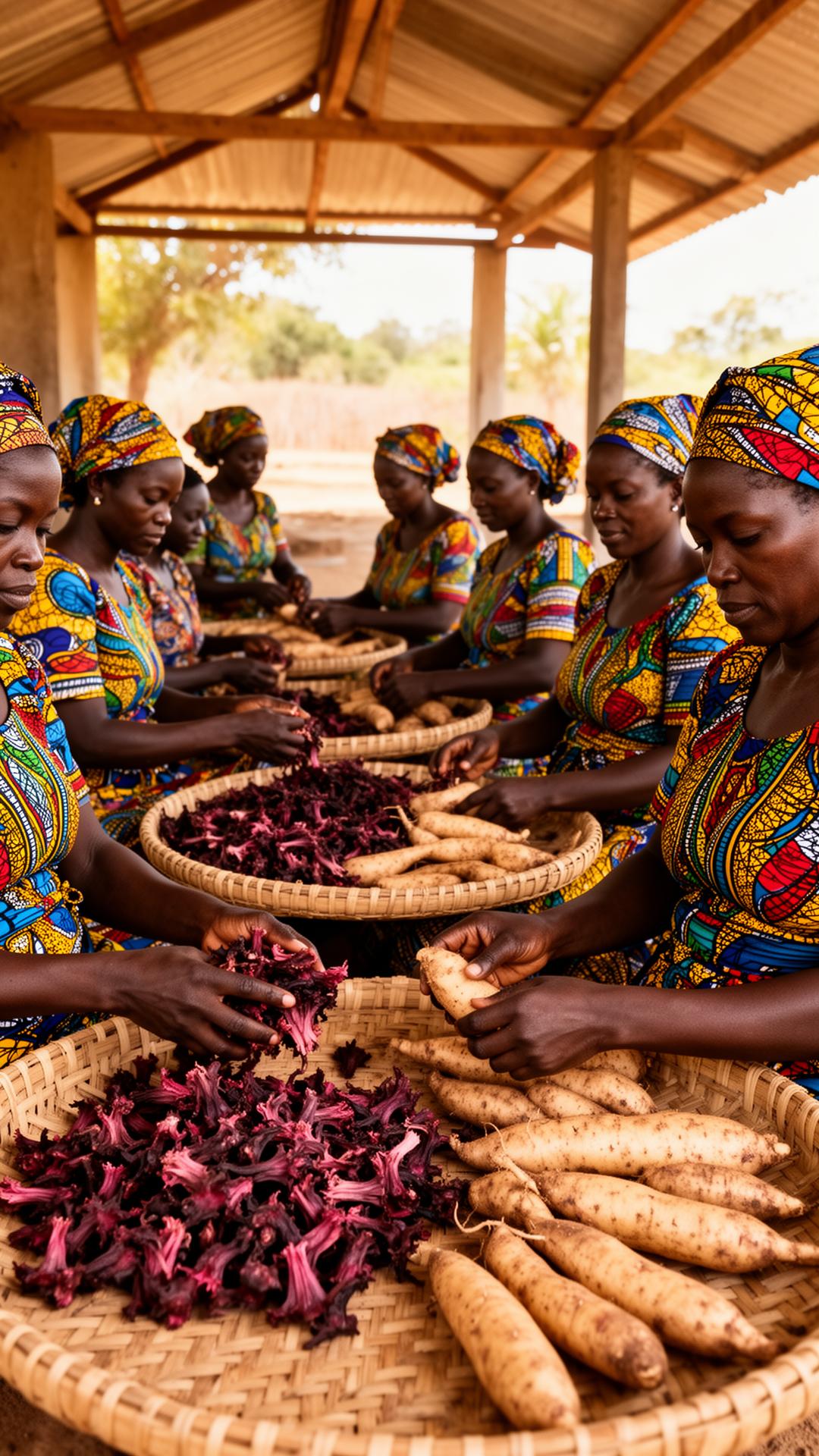 Women's cooperative sorting hibiscus and cassava